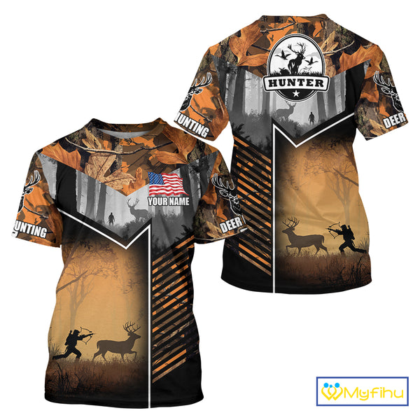 Orange Camo Deer Bow Hunting Custom Name Shirts - Best Hunting Apparel, Hunting Gifts for Men NBT42