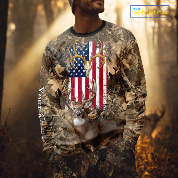 American Flag Whitetail Deer Camo Hunting Shirt, Best Hunting Clothes for Deer Hunting Season NBT64