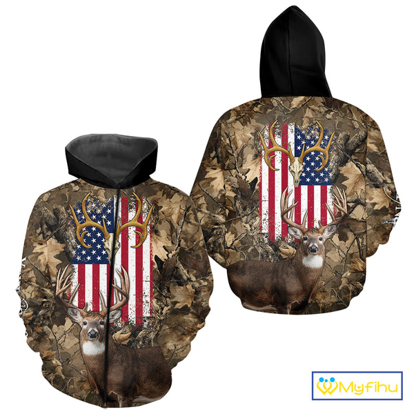 American Flag Whitetail Deer Camo Hunting Shirt, Best Hunting Clothes for Deer Hunting Season NBT64