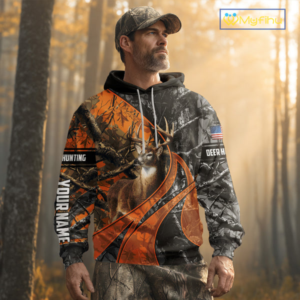 Whitetail Deer Hunting Orange and Black Camo Shirts with US Flag, Personalized Hunting Shirt NBT68