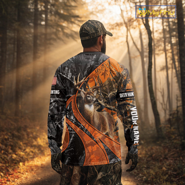 Whitetail Deer Hunting Orange and Black Camo Shirts with US Flag, Personalized Hunting Shirt NBT68