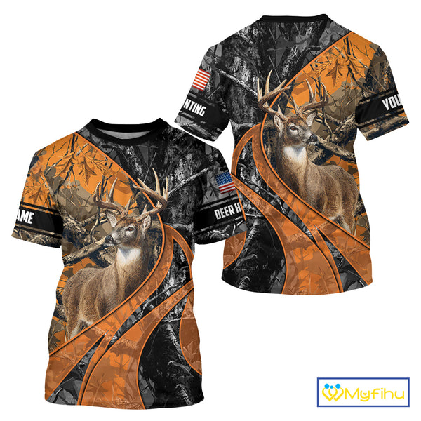 Whitetail Deer Hunting Orange and Black Camo Shirts with US Flag, Personalized Hunting Shirt NBT68