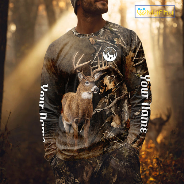 Deer Hunting Brown Camouflage Custom Name 3D Printing Shirt for Men, Deer Hunting Gifts NBT160
