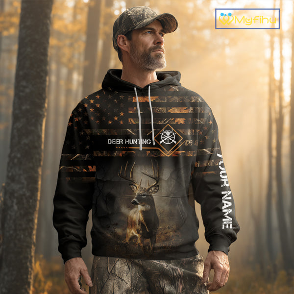 Deer Hunting Orange Camo US Flag All Over Print Custom Name, Hunting Gifts for Men NBT246