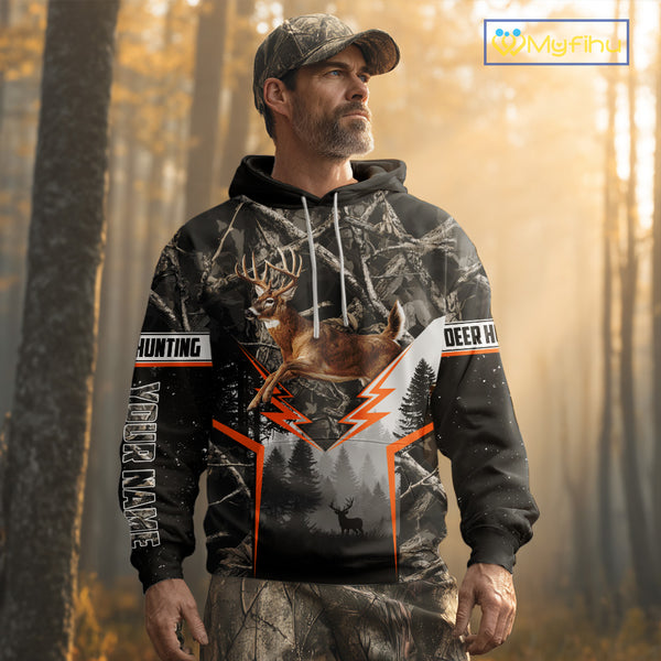 Jumping Whitetail Deer Hunting Dark Camo Custom Name 3D All Over Printed Shirts, Hunting Gifts NBT73