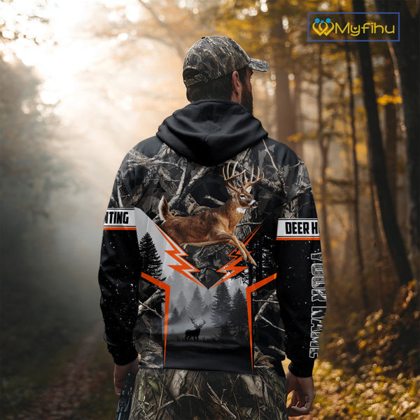 Jumping Whitetail Deer Hunting Dark Camo Custom Name 3D All Over Printed Shirts, Hunting Gifts NBT73