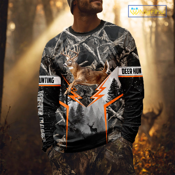 Jumping Whitetail Deer Hunting Dark Camo Custom Name 3D All Over Printed Shirts, Hunting Gifts NBT73