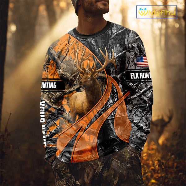 Elk Hunting Orange and Black Camo Shirts with US Flag, Personalized Hunting Shirt NBT100