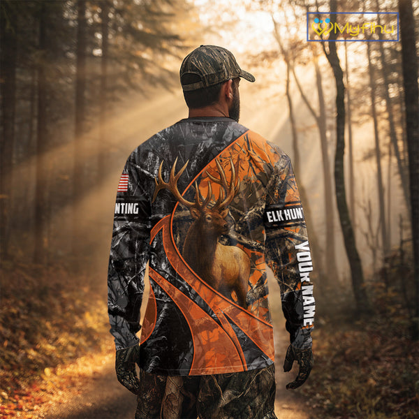 Elk Hunting Orange and Black Camo Shirts with US Flag, Personalized Hunting Shirt NBT100