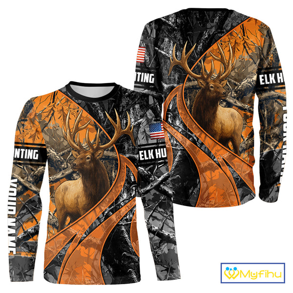 Elk Hunting Orange and Black Camo Shirts with US Flag, Personalized Hunting Shirt NBT100