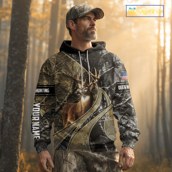 Whitetail Deer Hunting Brown and Black Camo Shirts with US Flag, Personalized Hunting Shirt NBT101