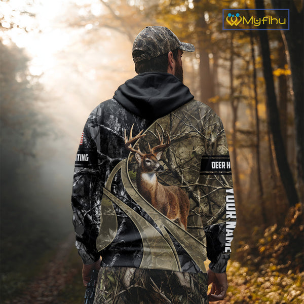 Whitetail Deer Hunting Brown and Black Camo Shirts with US Flag, Personalized Hunting Shirt NBT101