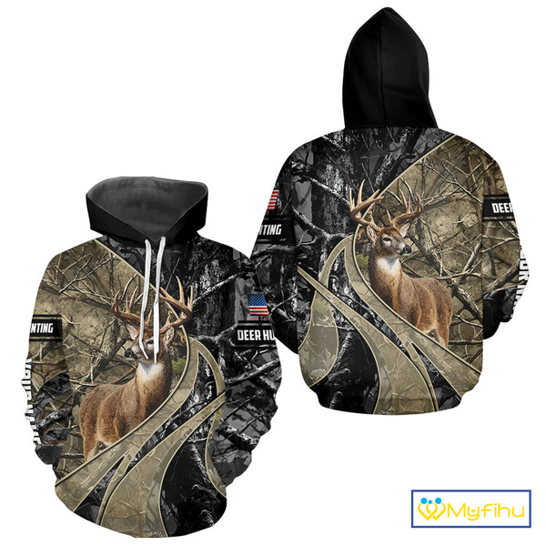 Whitetail Deer Hunting Brown and Black Camo Shirts with US Flag, Personalized Hunting Shirt NBT101