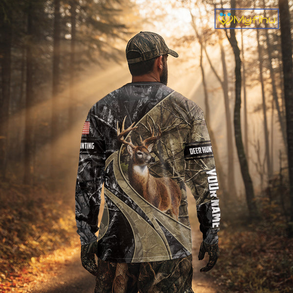 Whitetail Deer Hunting Brown and Black Camo Shirts with US Flag, Personalized Hunting Shirt NBT101