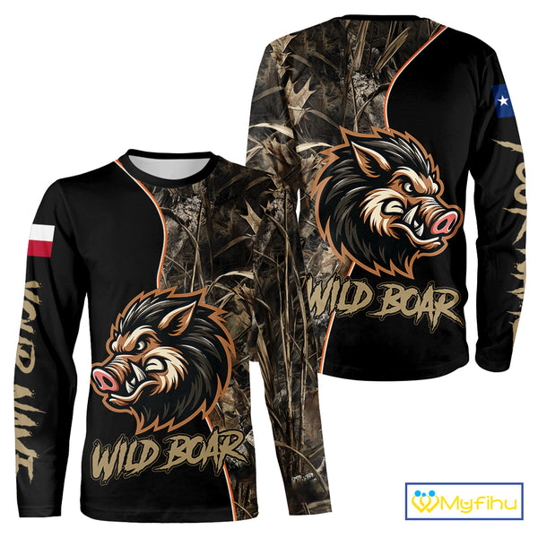 Custom Brown Camo with TX Flag Boar Hunting Shirts for Men, Boar Hunting Clothes, Hunting Gifts NBT188