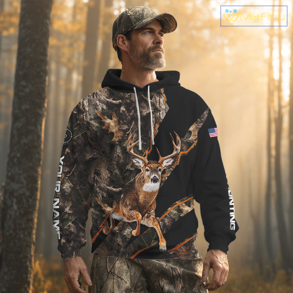 Whitetail Deer Hunting Brown Camo with Scope US Flag Shirts, Deer Hunting Clothes for Hunters NBT230