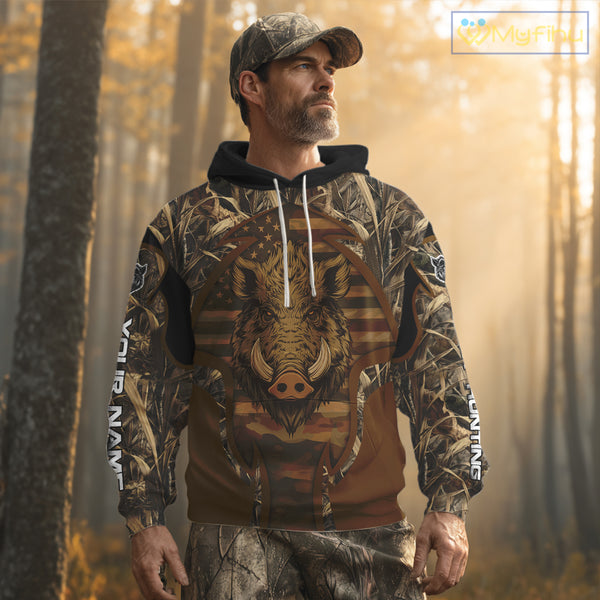 Personalized Wild Boar Hunting Brown Camo US Flag Printed Shirts, Hunting Gifts NBT235