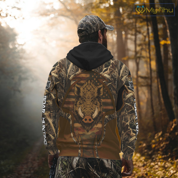 Personalized Wild Boar Hunting Brown Camo US Flag Printed Shirts, Hunting Gifts NBT235