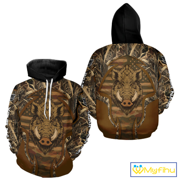 Personalized Wild Boar Hunting Brown Camo US Flag Printed Shirts, Hunting Gifts NBT235