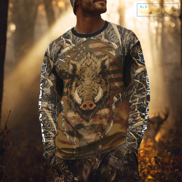 Personalized Wild Boar Hunting Brown Camo US Flag Printed Shirts, Hunting Gifts NBT235
