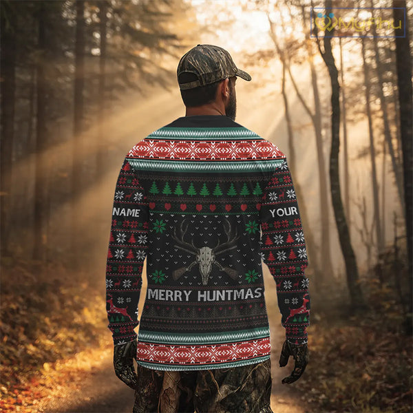 Merry Huntmas Deer Hunting Skull Custom Name Ugly Christmas All Over Printed Shirts, Christmas Gift NBT299
