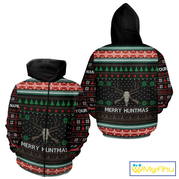 Merry Huntmas Deer Hunting Skull Custom Name Ugly Christmas All Over Printed Shirts, Christmas Gift NBT299
