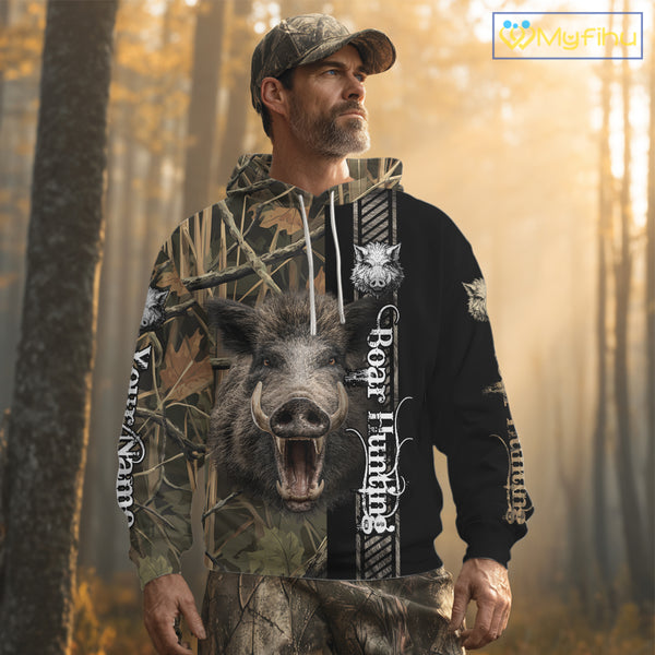 Personalized Wild Hog Hunting Camo Custom Name Best Gifts for Hunters, Boar Hunting Clothes NBT115