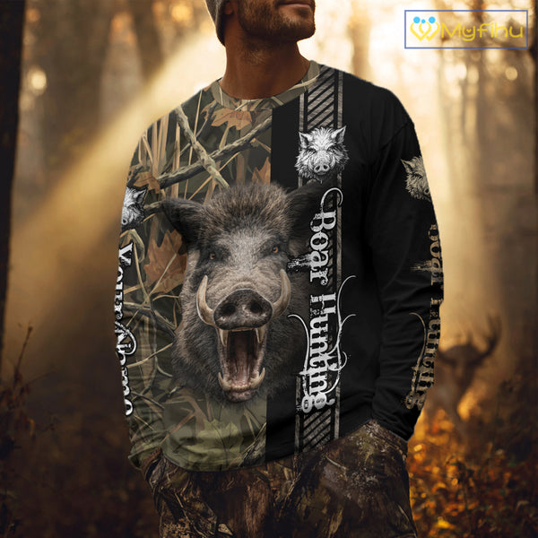 Personalized Wild Hog Hunting Camo Custom Name Best Gifts for Hunters, Boar Hunting Clothes NBT115