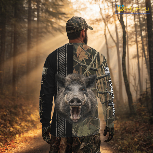 Personalized Wild Hog Hunting Camo Custom Name Best Gifts for Hunters, Boar Hunting Clothes NBT115
