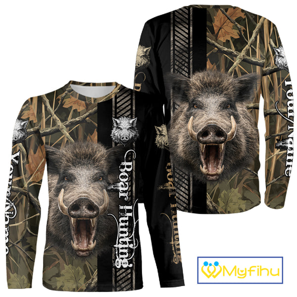 Personalized Wild Hog Hunting Camo Custom Name Best Gifts for Hunters, Boar Hunting Clothes NBT115
