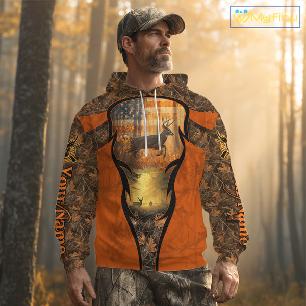 Deer Hunting Autumn Blaze Camo with American Flag Shirts for Men, Best Gift Ideas for Hunter NBT41