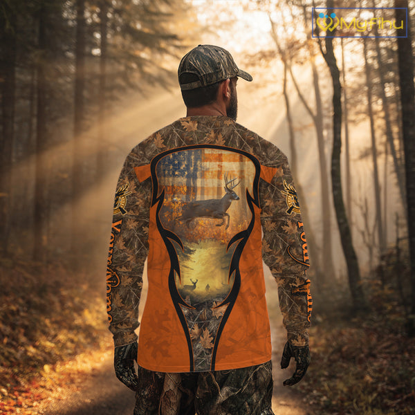 Deer Hunting Autumn Blaze Camo with American Flag Shirts for Men, Best Gift Ideas for Hunter NBT41