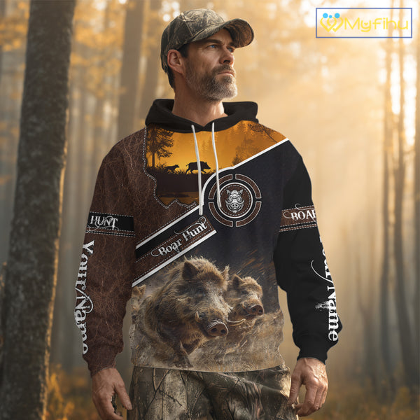 Wild Boar Hunting Leather Pattern Custom Name 3D All Over Printed Shirts Personalized Boar Shirt NBT143