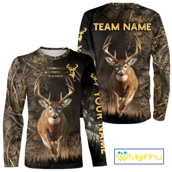 Custom Brown Camo with US Flag Deer Hunting Shirts for Men, Deer Hunting Clothes, Hunting Gifts NBT52