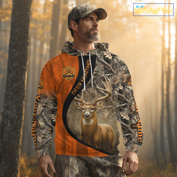 Orange Deer Camouflage US Flag Personalized Hunting Shirts, Hunting Outfit NBT57