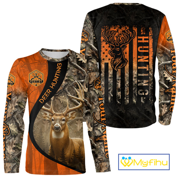 Orange Deer Camouflage US Flag Personalized Hunting Shirts, Hunting Outfit NBT57