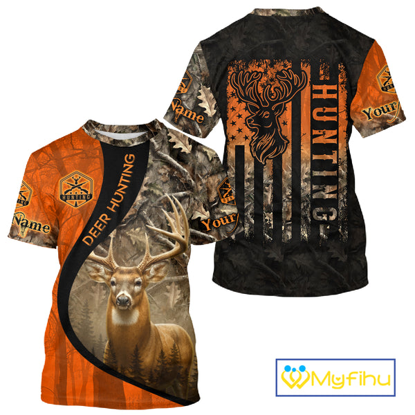 Orange Deer Camouflage US Flag Personalized Hunting Shirts, Hunting Outfit NBT57