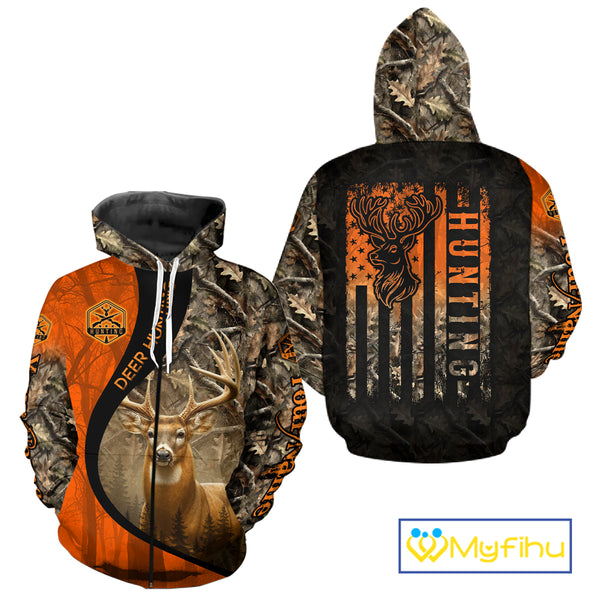 Orange Deer Camouflage US Flag Personalized Hunting Shirts, Hunting Outfit NBT57
