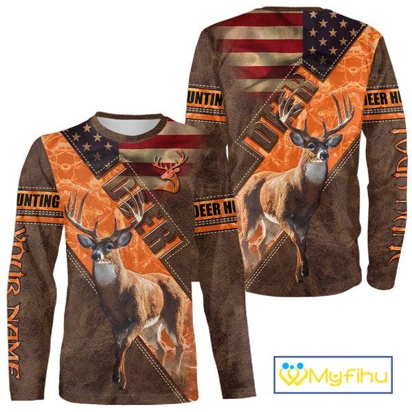 Whitetail Deer Hunting Leather Pattern Custom Name Shirt 3D All Over Printed Clothes, Hunting Gifts NBT90