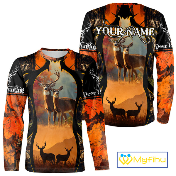 Orange Camo Whitetail Deer Hunting Shirt Custom name for Fall Season, Perfect Gifts for Hunters NBT04