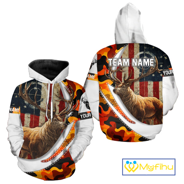 Blaze Orange Camo Elk Hunting Hoodie, Longsleeve Shirt for Men, Custom Name NBT06