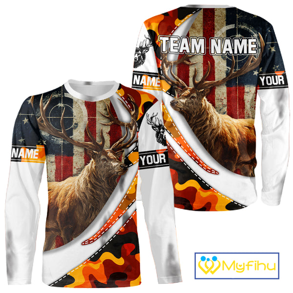 Blaze Orange Camo Elk Hunting Hoodie, Longsleeve Shirt for Men, Custom Name NBT06