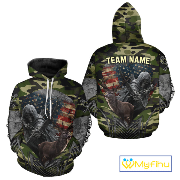 Grim Reaper US Flag Deer Hunting Hoodie, Longsleeve Shirt, Gifts for Hunters NBT07