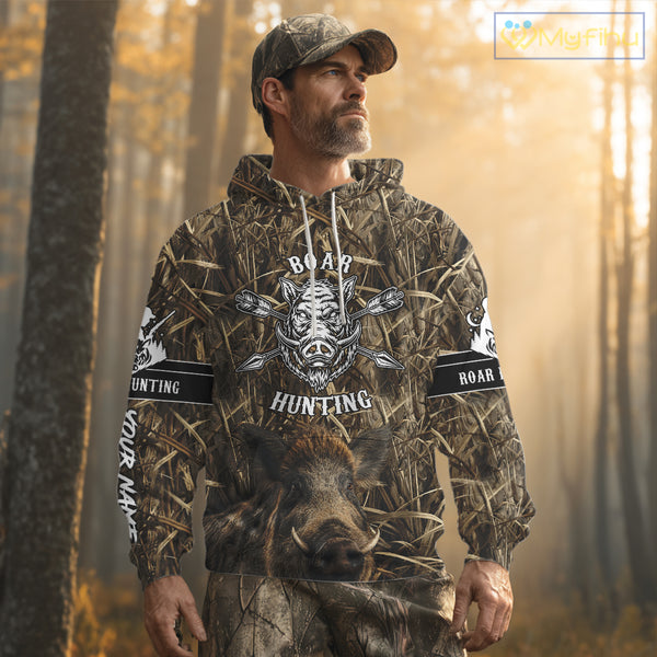 Personalized Wild Boar Hunting Camouflage Customize Name 3D All Over Printed Boar Hunting Shirts NBT104