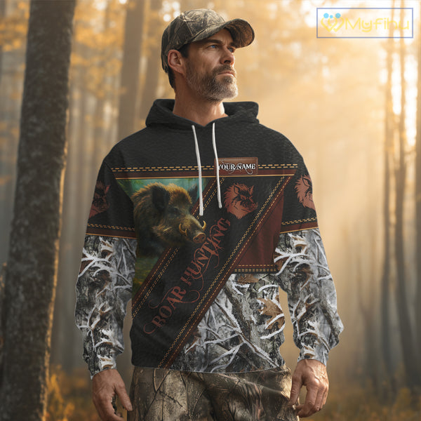 Wild Boar Hunting Black Camo Snow Winter 3D All Over Printed Shirts Custom Name Hunting Gift NHT103
