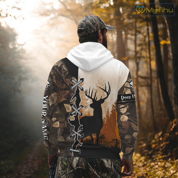 Whitetail Buck Hunting Hoodie, Longsleeve Shirt, Autumn Brown Camo, Perfect Hunter Gifts NBT15