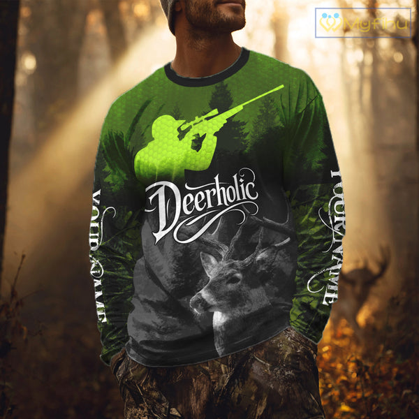 Deer Hunting Shirt Deerholic Hunter Silhouette – Green Camo Big Game Rifle for Men NBT25