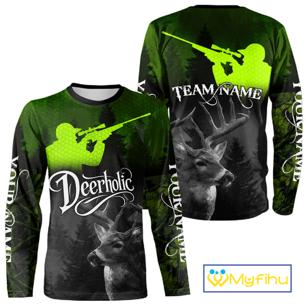 Deer Hunting Shirt Deerholic Hunter Silhouette – Green Camo Big Game Rifle for Men NBT25