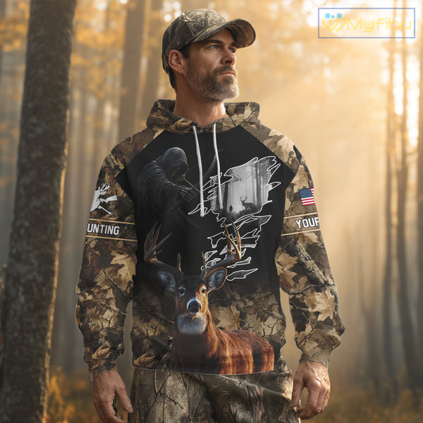 Brown Camo Grim Reaper Whitetail Deer Hunting Shirt – Bow Hunting Apparel for Men, Hunter Gifts NBT28