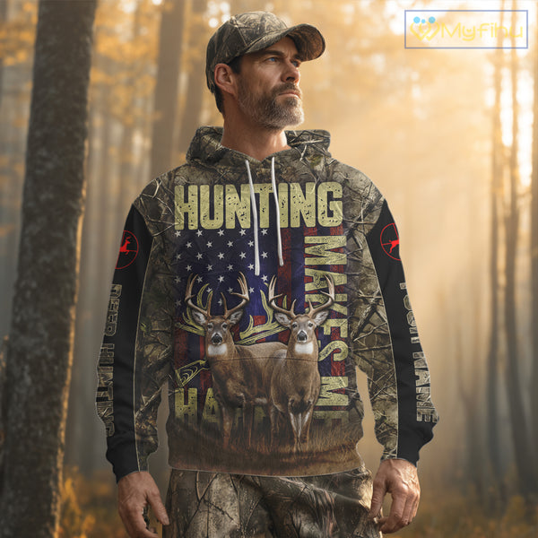 Beautiful Patriotic Camo Deer Hunting Shirt with US Flag, Hunting Outfit, Gifts for Hunters NBT58
